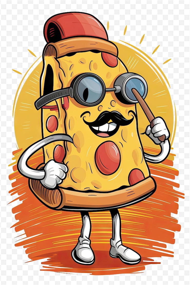 PSD una caricatura de una pizza con bigote y gafas