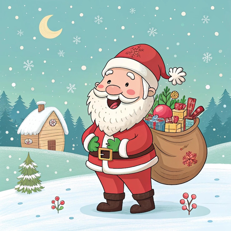 PSD una caricatura de santa cargando una bolsa de regalos