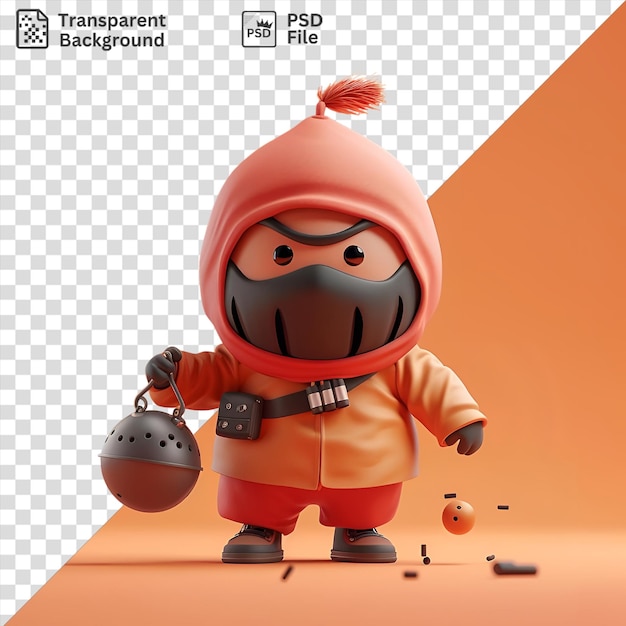 PSD caricatura terrorista psd 3d colocando una bomba frente a una pared naranja con un juguete y un cinturón negro visibles en primer plano y una cara negra en el fondo
