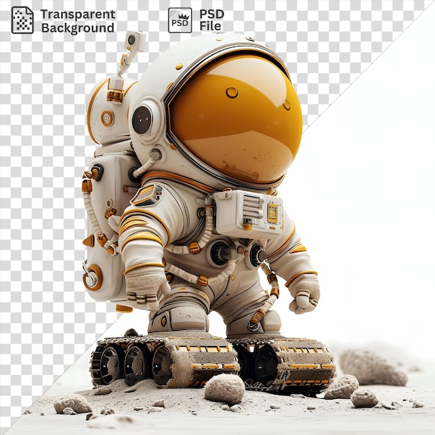 PSD una caricatura única de astronautas en 3d explorando la superficie de una luna lejana rodeada de un cielo blanco y un juguete amarillo y blanco con una rueda negra en primer plano