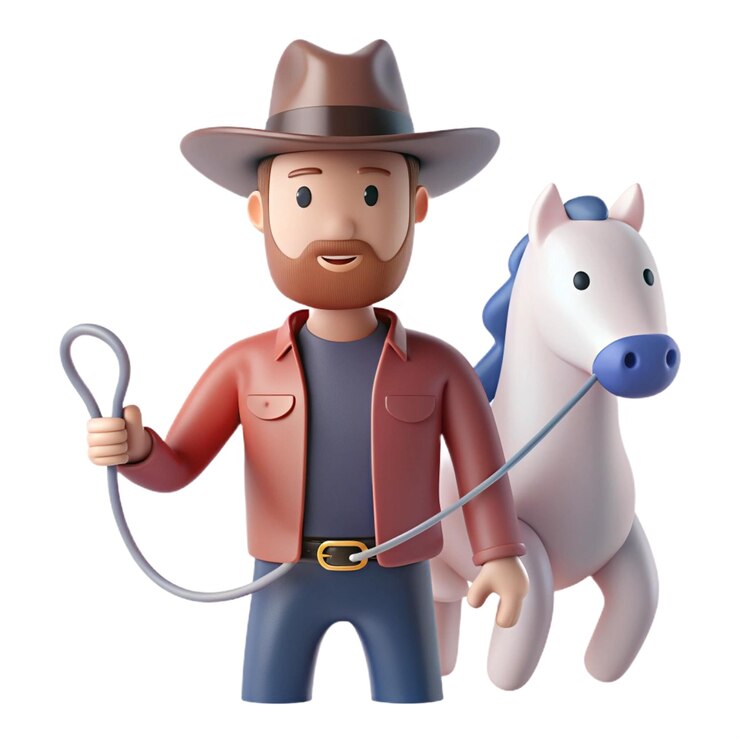 PSD una caricatura de un vaquero con un caballo y una cuerda