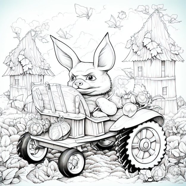 PSD une caricature d'un lapin sur un tracteur avec un lapin sur le dos.