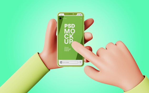 Caricature de main 3D tenant un smartphone