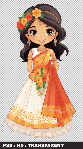 PSD caricature d'une mariée indienne vêtue de vêtements traditionnels un beau lehenga pour la cérémonie de haldi