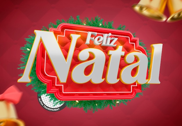 PSD carimbo 3d de feliz natal, fundo acolchoado vermelho e guirlanda