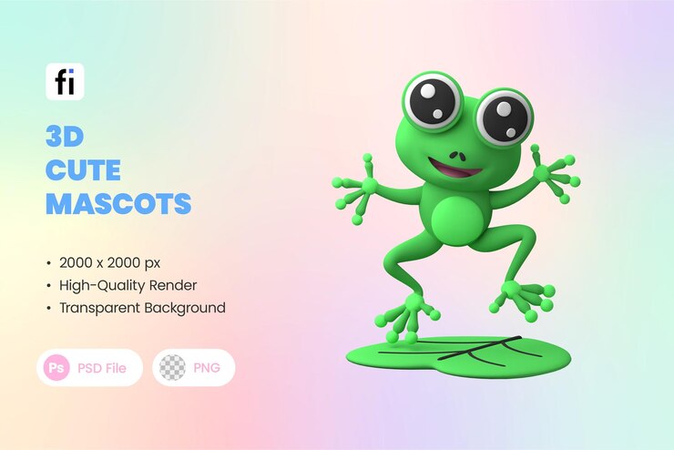 PSD carina mascotte di rana 3d
