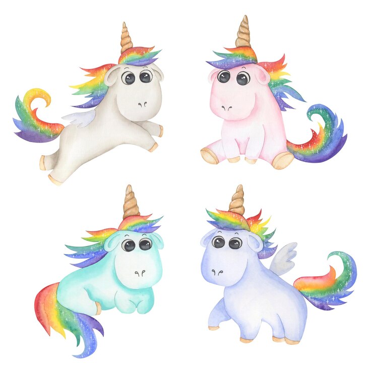 PSD carini unicorni multicolori con criniera e coda arcobaleno