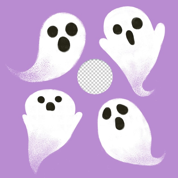 Carino Halloween fantasma spettrale clipart impostato su sfondo lilla