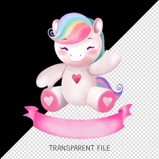 Carino unicorno con i capelli arcobaleno e l'illustrazione del cuore rosa