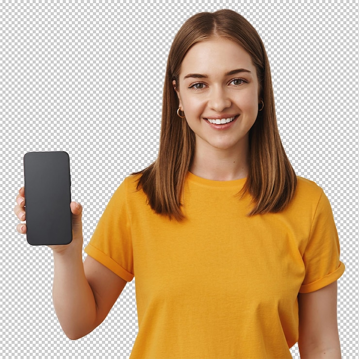 PSD carismática mujer asiática sonriente con sudadera naranja apuntando al anuncio introducir el producto con expresión de satisfacción