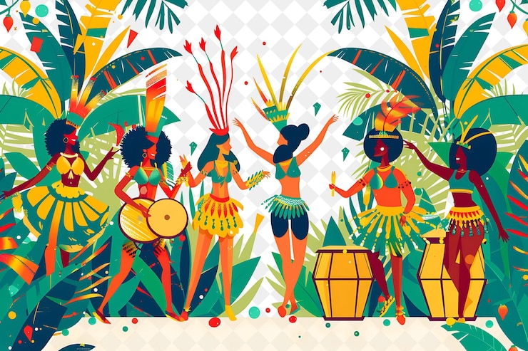 PSD carnaval brasileño con personajes que danzan la samba estilo de vida de la gente desi ilustración plana