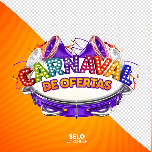 PSD carnaval de rótulo psd de ofertas no brasil em renderização 3d com máscara e luzes em português