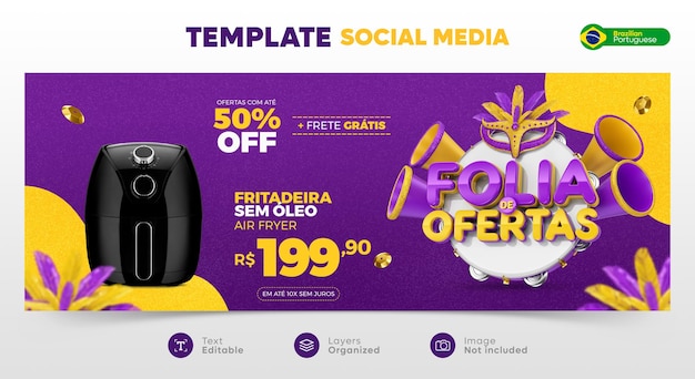 Carnaval Folia de Ofertas Social Media Banner Post en portugais brésilien