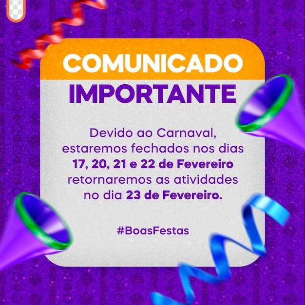 Carnaval Vacances Annonce Comunicado Carnaval Brésil