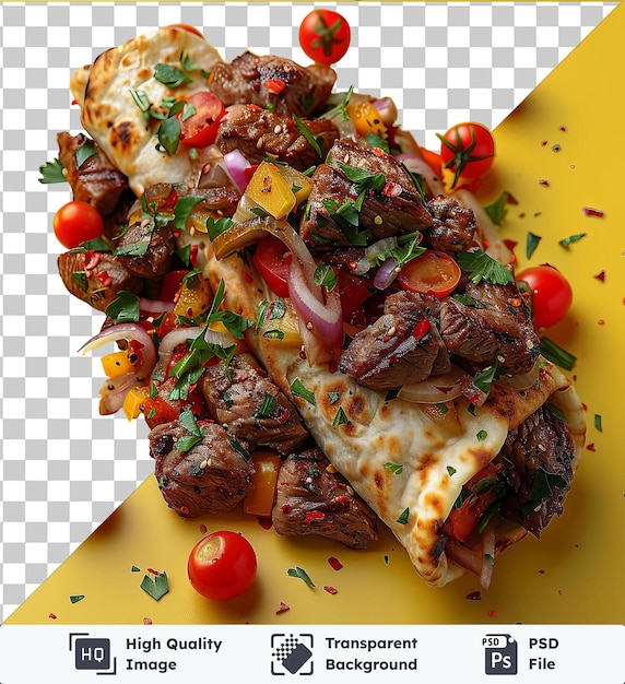 PSD carne bovina shawarma transparente com tomates, cebolas e queijo em um prato amarelo