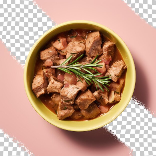 Carne de cerdo o pollo guisado saludable en un cuenco negro con romero aislado sobre un fondo transparente vista superior