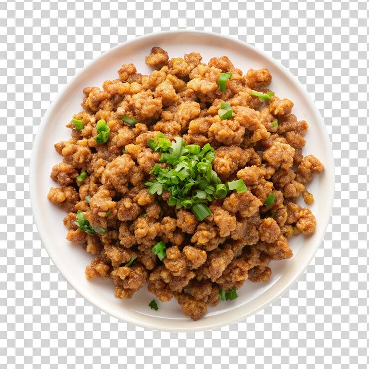 PSD carne de cerdo picada frita taiwanesa en un plato blanco sobre un fondo transparente