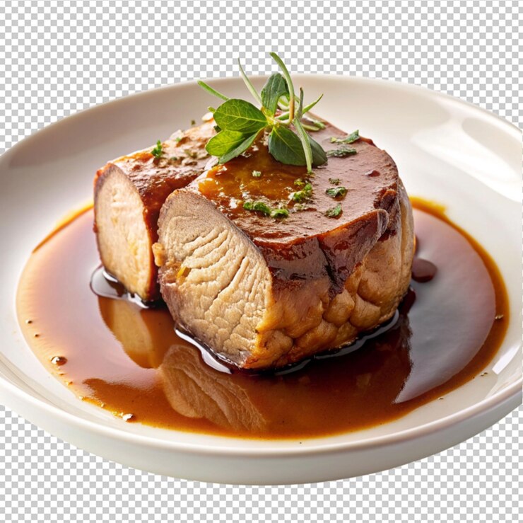 PSD carne cocida con salsa espumosa aislada sobre un fondo transparente