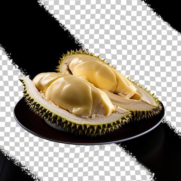 PSD carne de durian em placa transparente isolada em preto