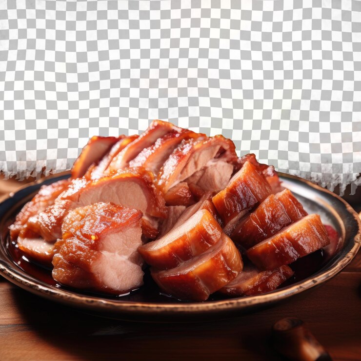 PSD carne de porco em fatias em prato preto prato saboroso para os amantes da carne