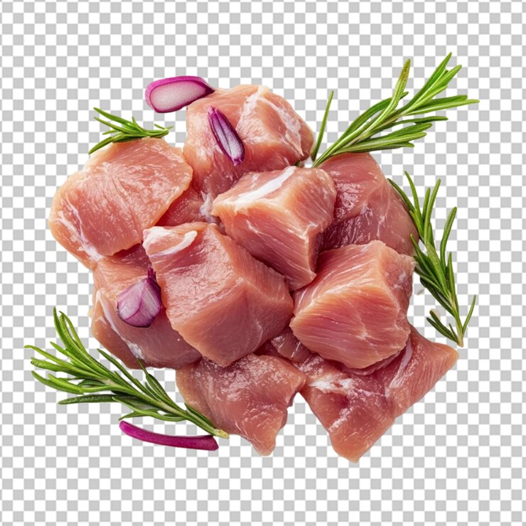 PSD carne fresca rebanadas de carne cruda con hojas vista de arriba sobre un fondo transparente