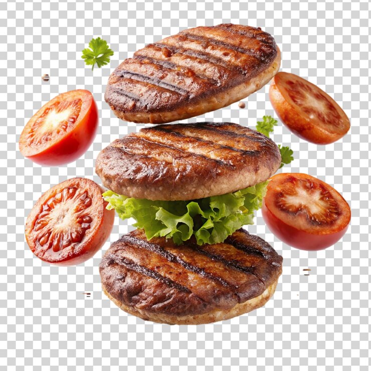 PSD la carne de hamburguesa a la parrilla cae sobre un fondo transparente