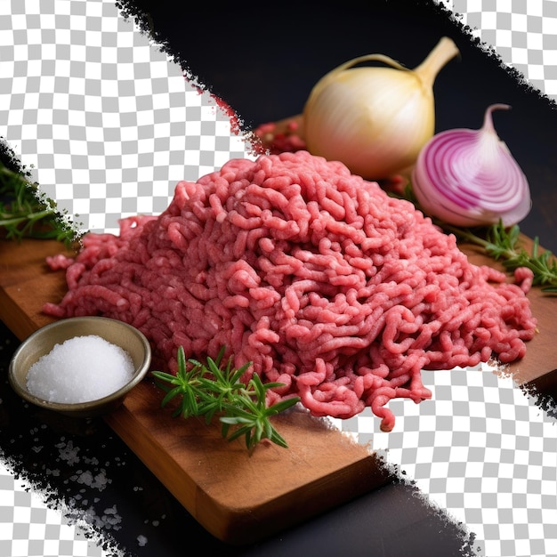 Carne picada e cebola preparadas para cozinhar fundo transparente