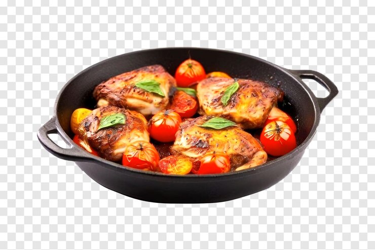 PSD carne de pollo asada con tomates en una sartén aislada sobre un fondo transparente