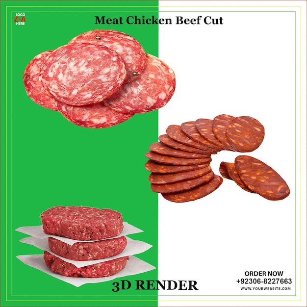 Carne de pollo y carne de res cortada