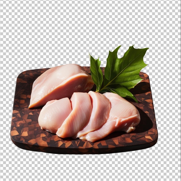 PSD carne de pollo cruda en una tabla de madera con hojas sobre un fondo transparente