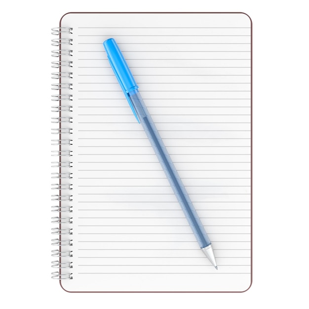 Carnet de notes en spirale avec stylo bleu 3D Rendering isolé sur fond transparent