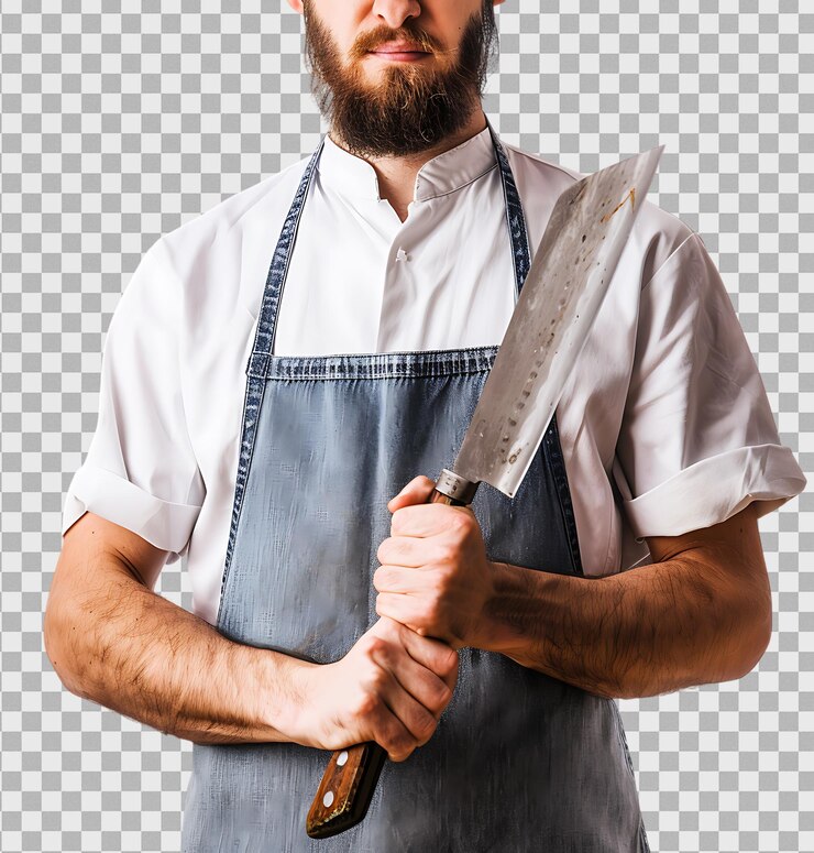 PSD carnicero con un cuchillo aislado en un fondo transparente