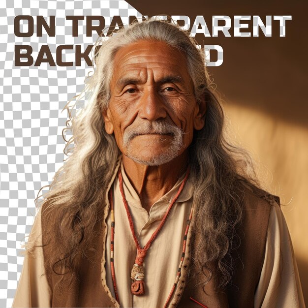 PSD carnicero nativo americano hombre mayor melancólico con cabello ondulado posando con gracia contra un fondo de crema