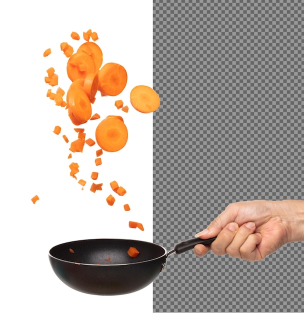 La carotte fraîche flotte dans l'air, se transforme en dés de cube, se mélange avec la forme de tranche de bêta-carotène, couleur orange dans la carotte est bonne santé.