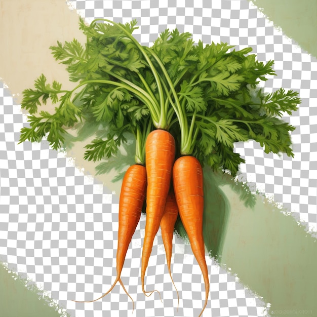 PSD des carottes fraîches avec des feuilles vertes, un aliment de base naturel sur une surface transparente