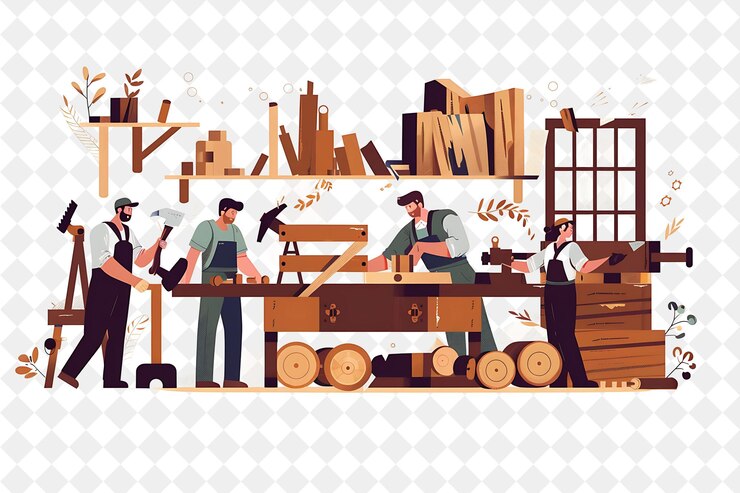 PSD carpentiere rustico con personaggi costruzione e lavorazione del legno png persone nel lavoro quotidiano illustrazione