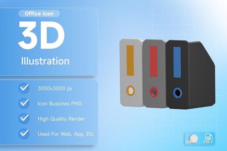 PSD carpeta de archivo de papelería de oficina de ilustración 3d