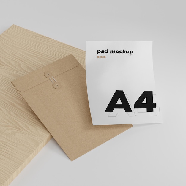 Carpeta beige a4 maqueta estacionaria de papel blanco para visualización sobre fondo blanco