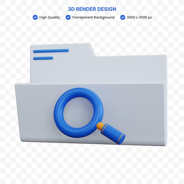 PSD carpeta blanca de renderizado 3d con icono de búsqueda aislado