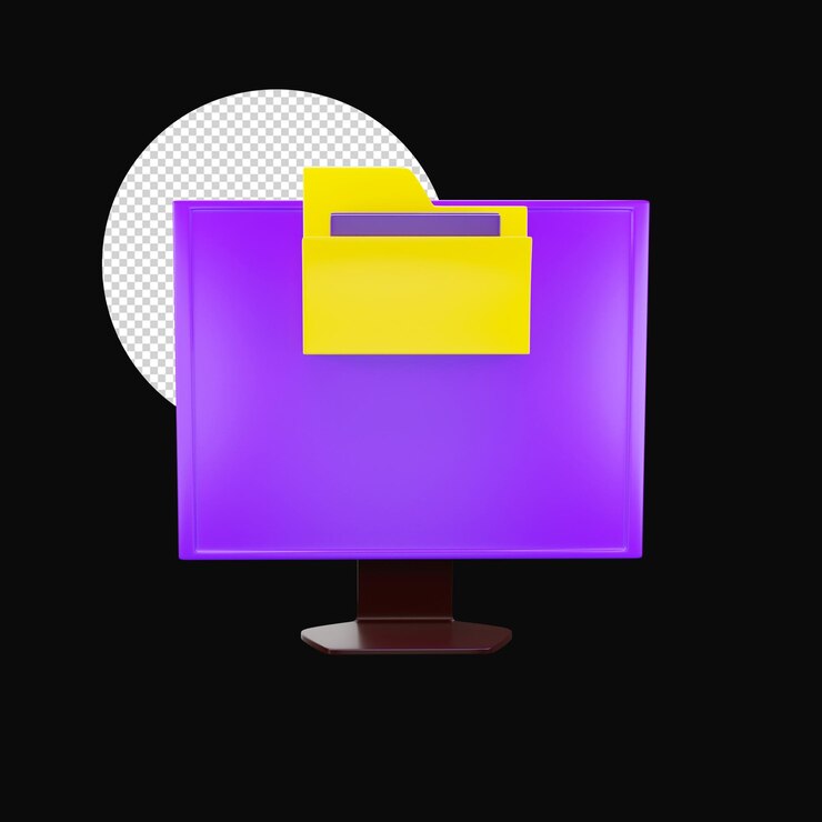 PSD carpeta de estilo 3d en la pantalla del escritorio icono amarillo y morado sobre fondo negro