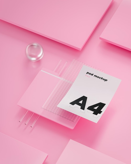 Carpeta rosa maqueta estacionaria de papel blanco a4 para visualización sobre fondo isométrico rosa