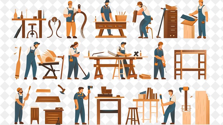 PSD carpinteiro rústico com personagens construindo e criando furni png pessoas em ilustração de trabalho diário