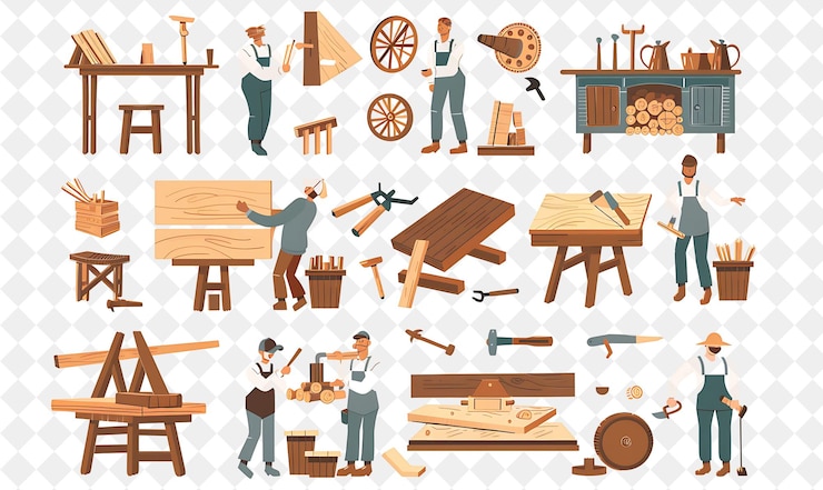 PSD carpinteiro rústico com personagens construindo e criando furni png pessoas em ilustração de trabalho diário