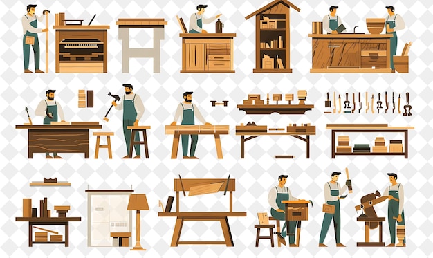 Carpintero rústico con personajes Construyendo y artesanía Furni PNG Gente en la ilustración del trabajo diario