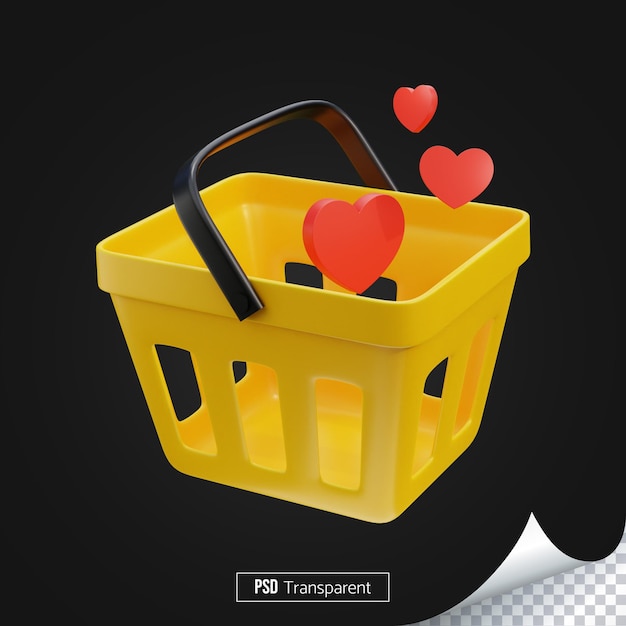 Carrello 3d rendering illustrazione Carrello supermercato giallo con cuori