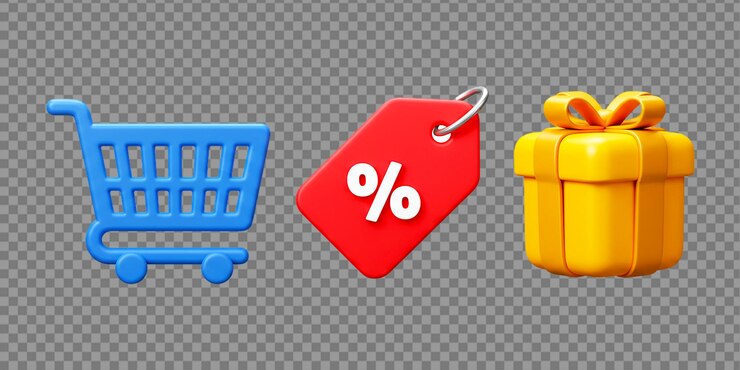 PSD carrello blu, etichetta percentuale rossa e scatola regalo gialla su griglia trasparente