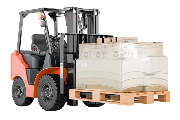 Carrello elevatore a forchetta con pacchi avvolti nel film elastico rendering 3D isolato su sfondo trasparente