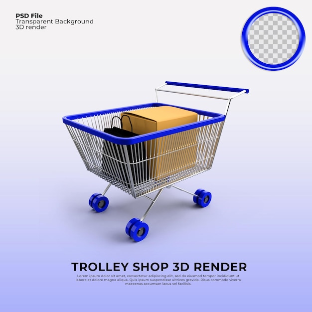 Carrello vendita 3D Render colore blu trasparente con elementi regalo