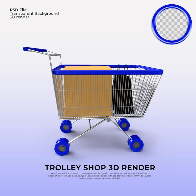 Carrello vendita 3D Render colore blu trasparente con elementi regalo