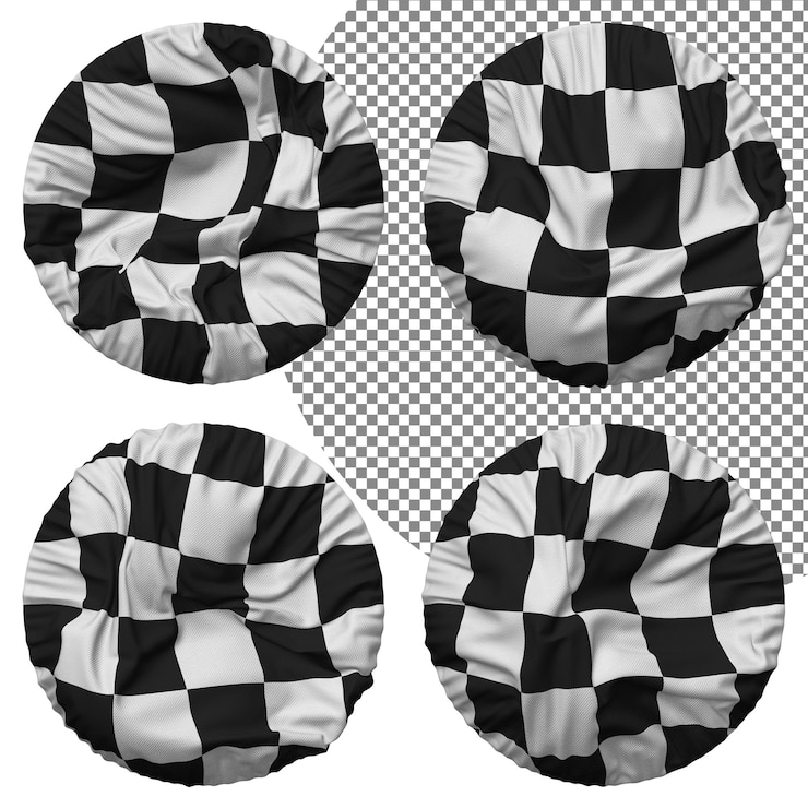 PSD carreras bandera a cuadros en blanco y negro forma redonda aislado estilo diferente textura de relieve representación 3d